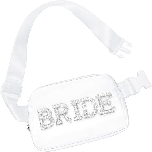 Lamyba Bride Gifts, Bachelorette Gifts for Bride Fanny Pack, Bride to be Gifts for Wedding Day Bachelorette Party Engagement Honeymoon, Pearl Bride Belt Bag White
