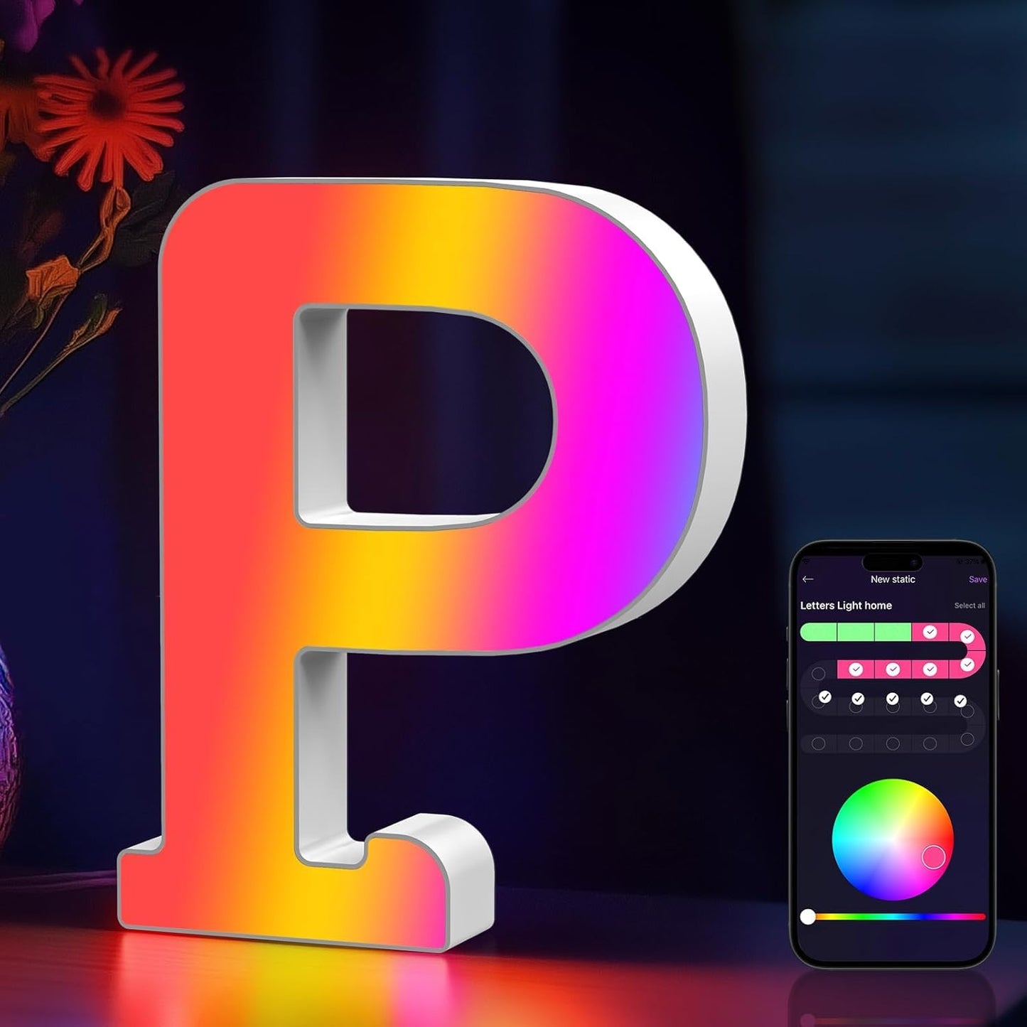 Light Up Letters Marquee Letter - Music Sync RGB Color Changing LED Lights Letter Logo Game Lights for Girls Women Party Birthday Christmas Valentine's Day Wall Desktop Decoration (MRGB-P)