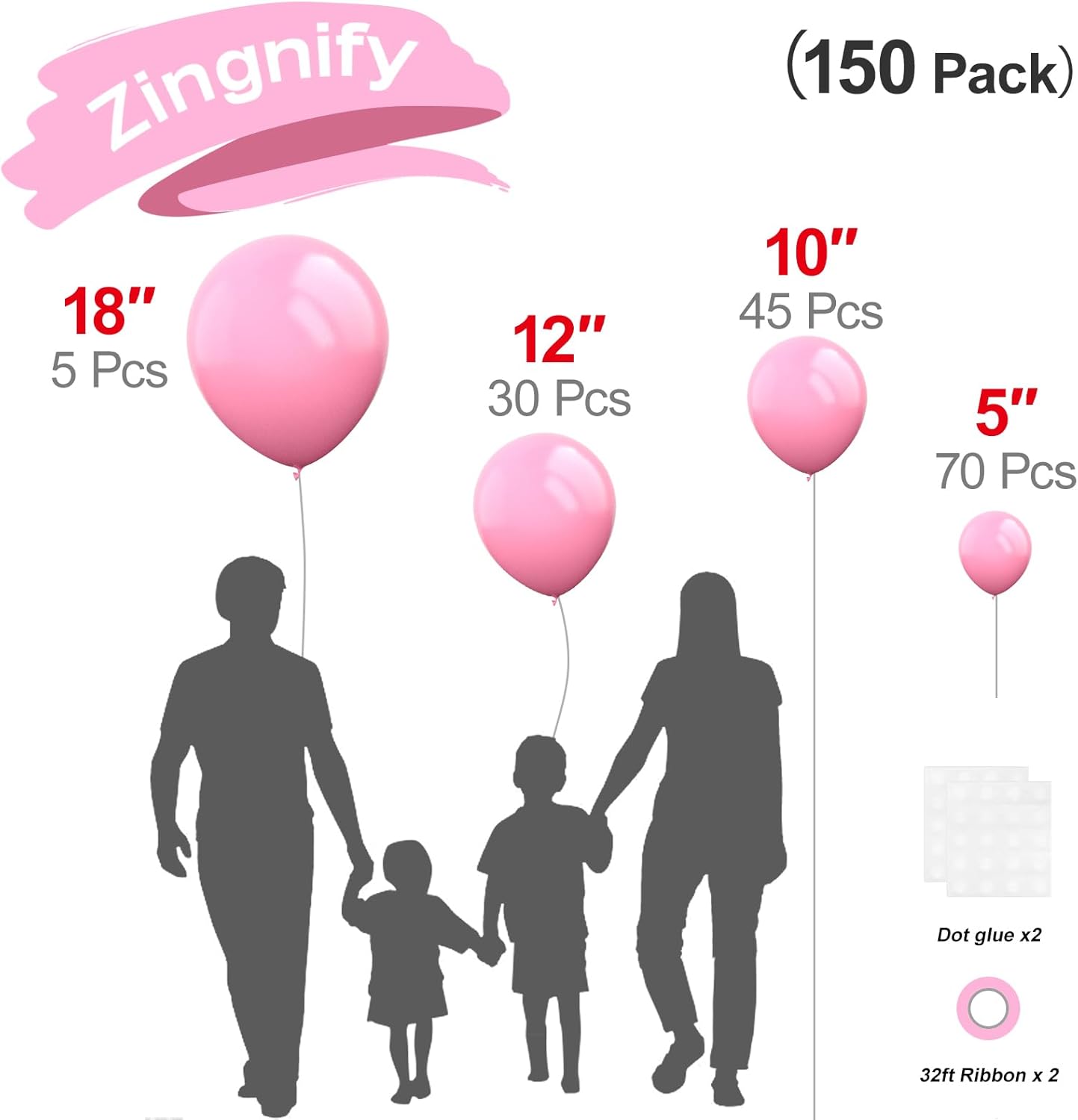 Pastel Pink Balloons, 150 pcs Different Sizes Pack of 18 Inch 12 Inch 10 Inch 5 Inch Baby Pink Balloons for Balloon Garland Balloon Arch as Birthday Party Wedding Decorations