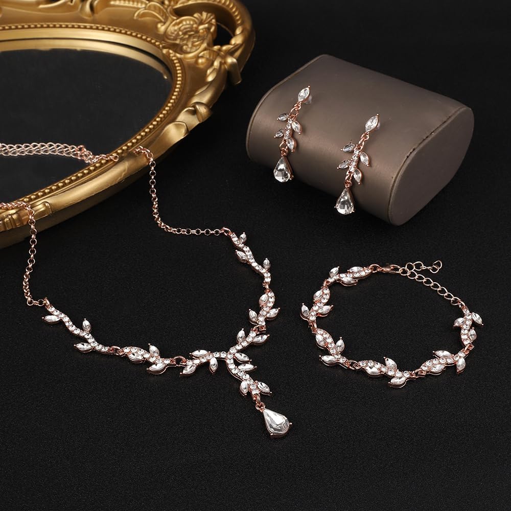 Crystal Necklace Earrings Bracelet Rhinestone Choker Necklace Bridal Wedding Jewelry Set For Brides Bridesmaid Women Party Accessory