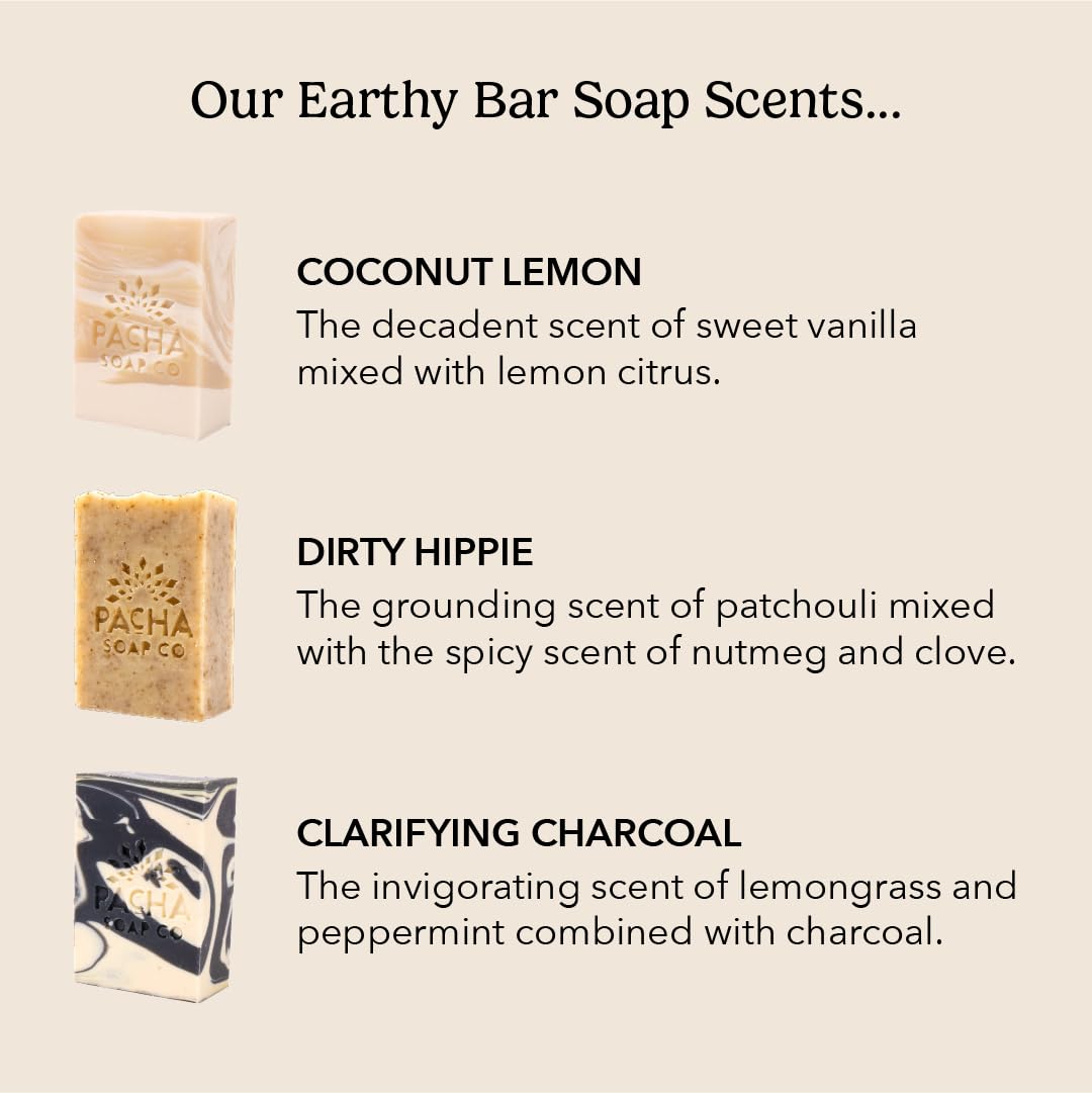 Pacha Soap Co. Bar Soap, Earthy Clean Bundle, 3-Pack (4 oz ea) - Coconut Lemon, Dirty Hippie, and Charcoal - Premium, Handcrafted, Hydrating, Natural Face Wash, Hand Cleanser, Soothing Essential Oils