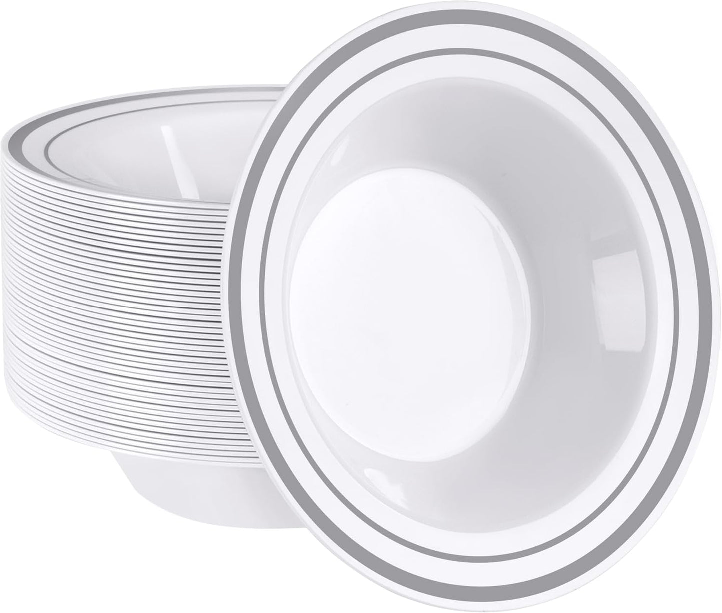 SETUP [12 oz. - 50 Piece Dessert Soup Bowls with Silver Rim, Plastic Bowls Disposable - Premium Heavy-Duty Disposable Soup Bowls for Party, Wedding, and All Occasions
