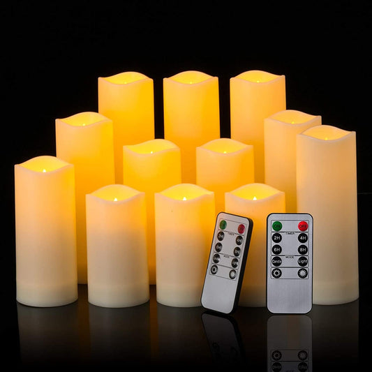 12 Pack Flameless Candles Battery Operated Waterproof Led Candles (D:2.2" X H:4" 5" 6" 7") Candles with 2 Remotes Contro for Wedding, Party, Birthday