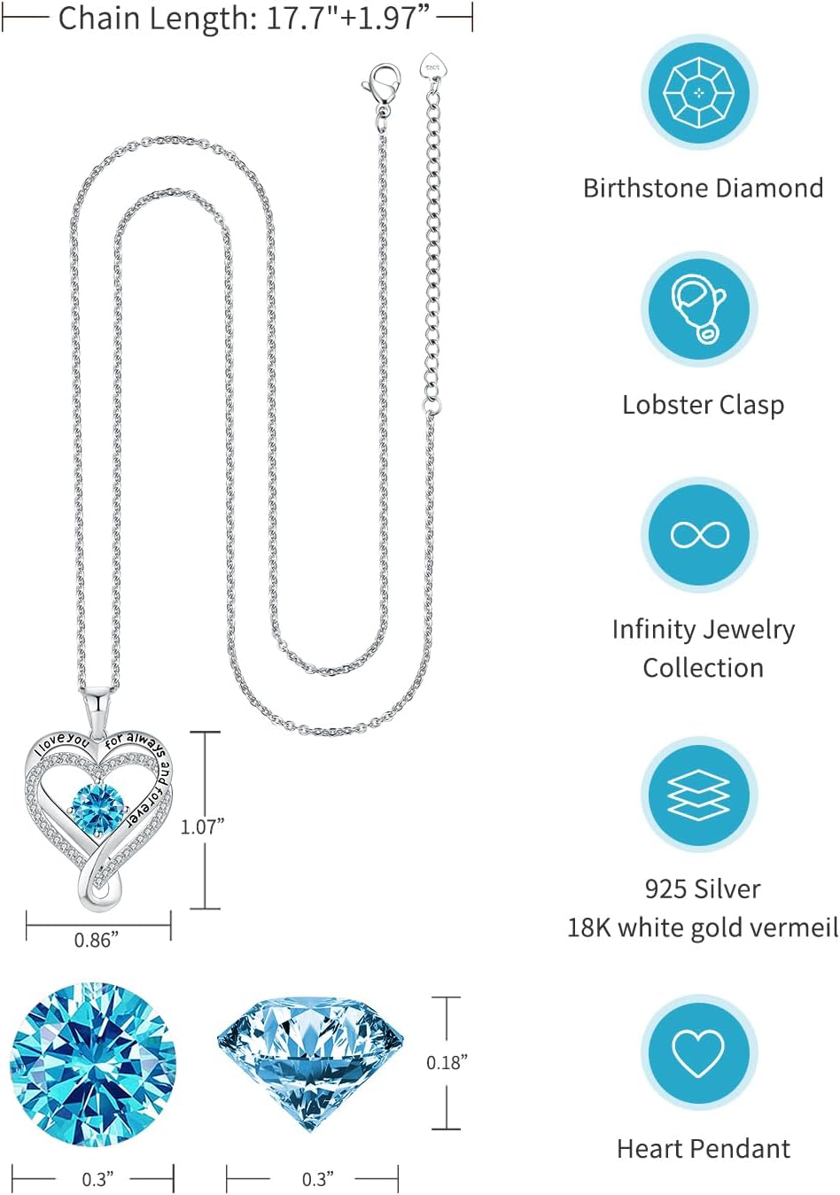 Jewelry for Women Wife Infinity Heart Birthstone I Love You Necklace S925 Anniversary Women Necklaces for Her Wife Birthday Gift Ideas, Birthday Present for Girlfriend Mom Daughter Sterling Silver