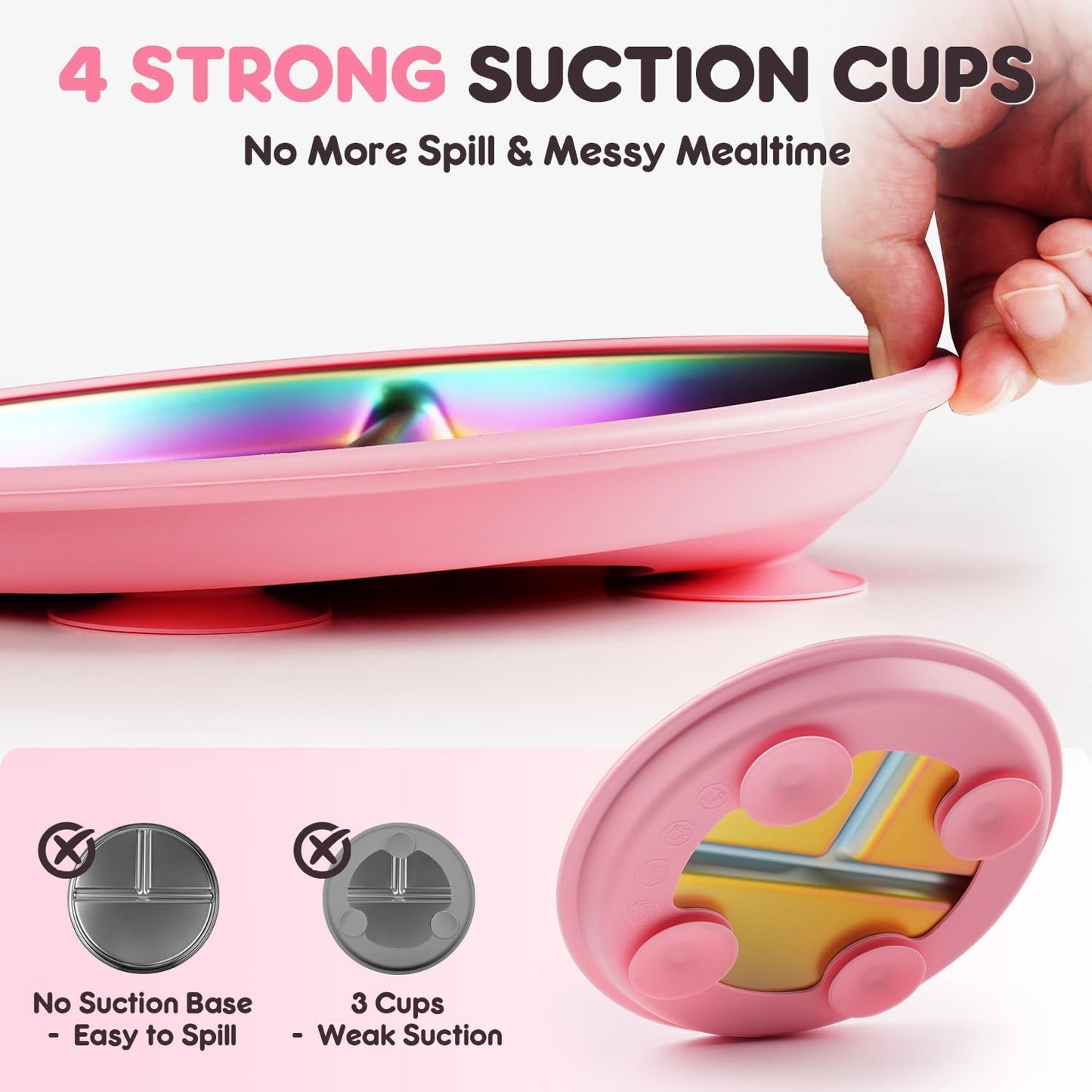 Stainless Steel Kids Plates with Suction, 9" BPA-Free Rainbow Toddler Plates 2pcs with Removable Food-Grade Silicone Base, Divided Baby Plates Dishwasher Safe, Pink & White