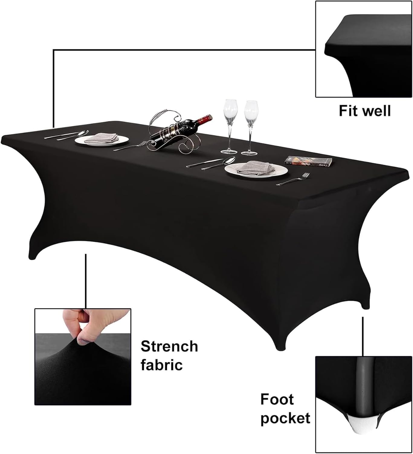 FORLIFE 6Pack Spandex Table Covers 6ft，Fitted Tablecloth for 6ft Rectangular Tables, Stretch Patio Table Covers, Universal Spandex Table Cover for Wedding, Banquet, Party - Black