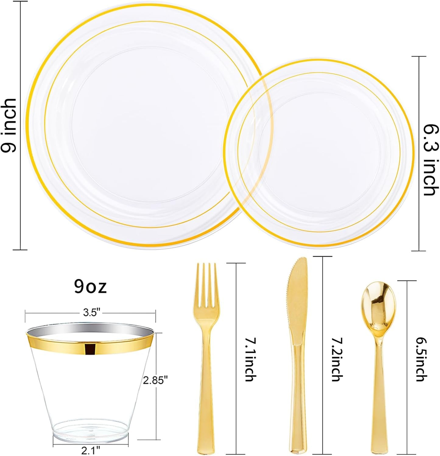 WELLIFE 600pc Gold Trim Plastic Dinnerware Set for Party: 100 Dinner Plates, 100 Dessert Plates, 300 Cutlery