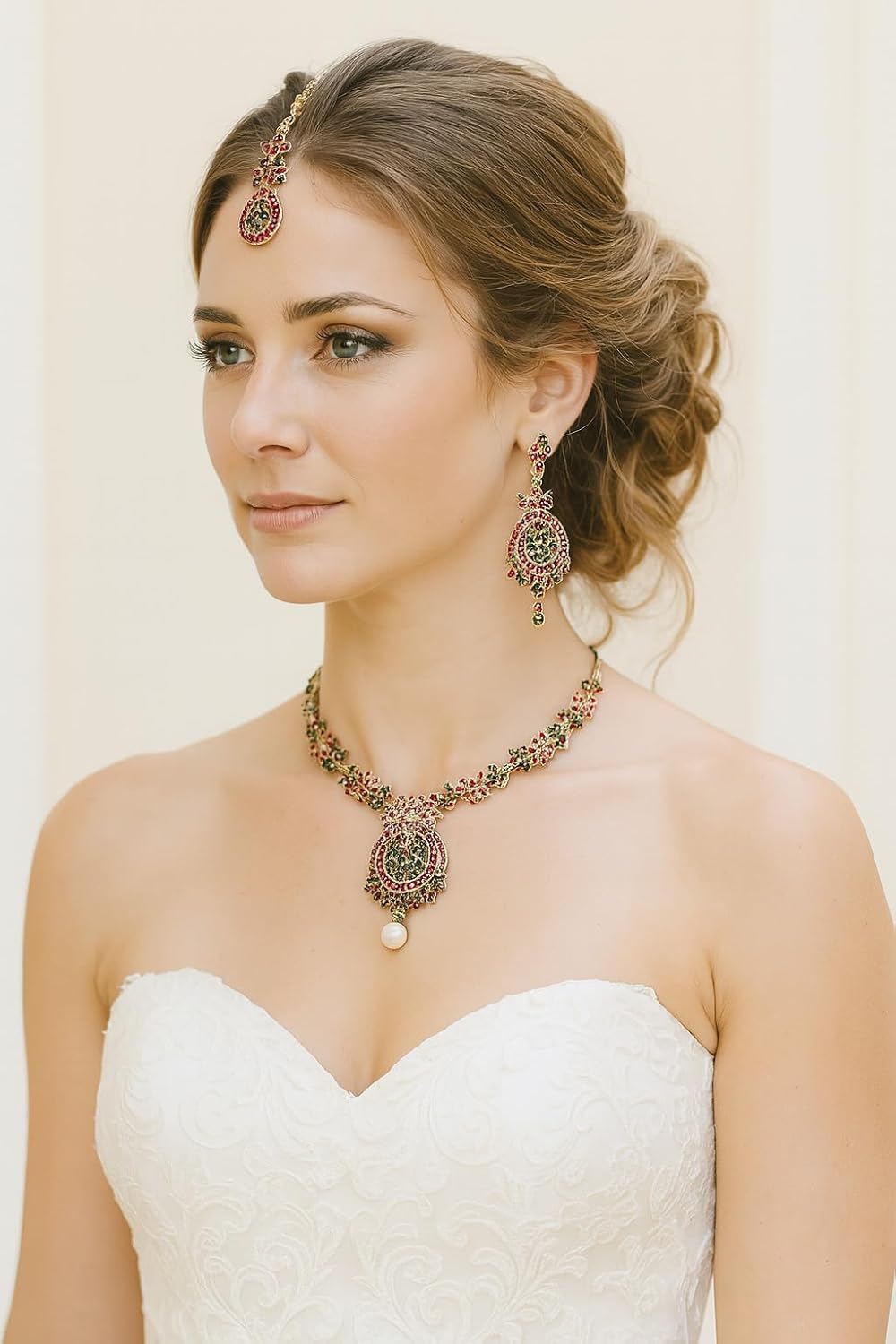 Touchstone Indian jewelry sets for women maang tikka wedding guest gold necklace bollywood jewellery set pageant elegant prom bride accessories western crystal chunky rhinestone necklaces