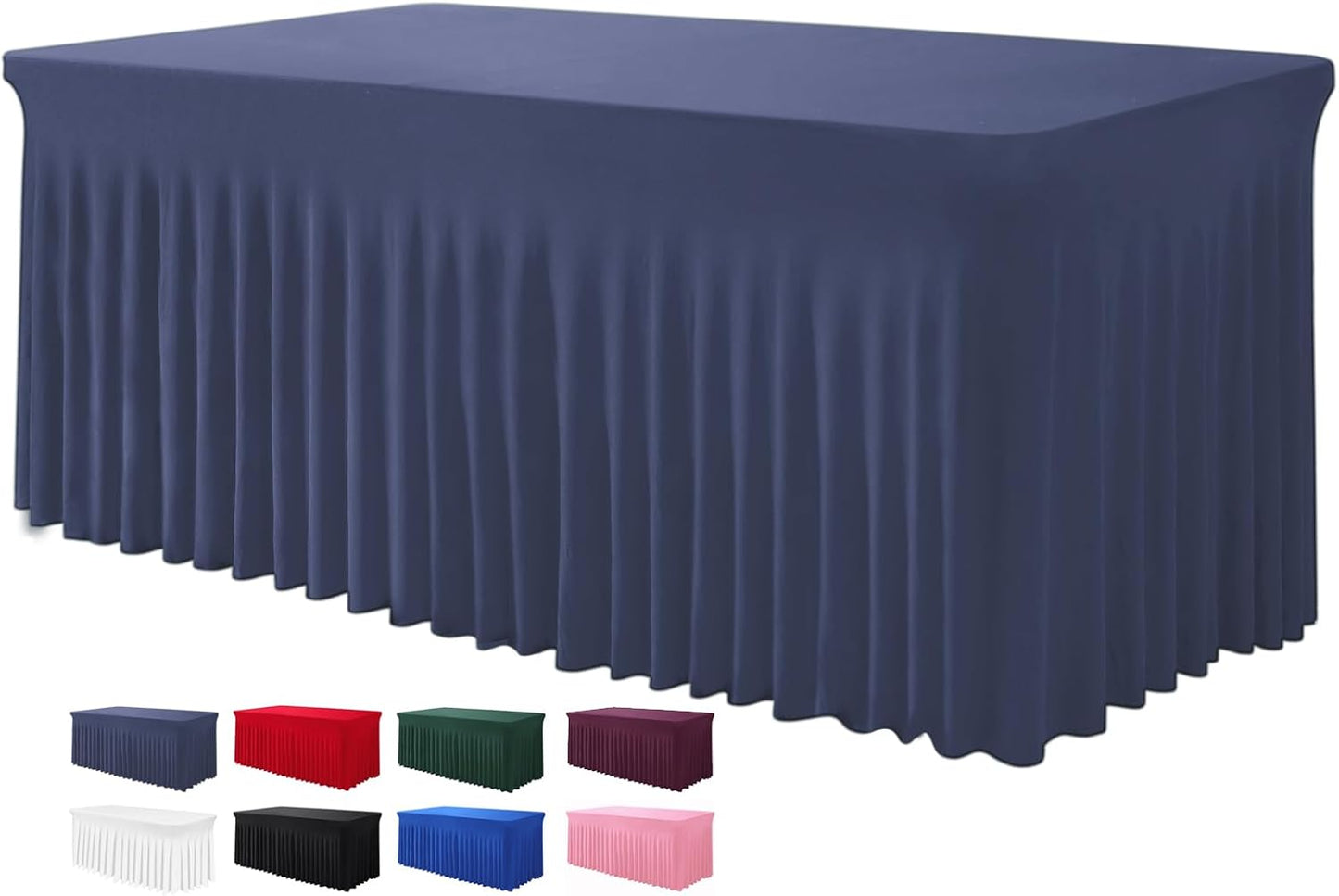 Table Skirts for Rectangle Tables 8ft - One-Piece Navy Blue Tablecloths and Skirt, Wrinkle Resistant Ruffles Elastic Cover for Banquets, Weddings, Events, Parties