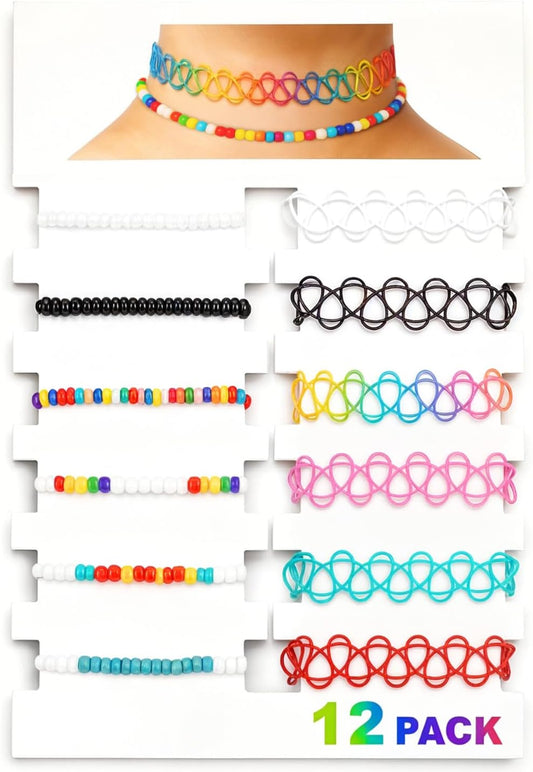 BodyJ4You 12PC Tattoo Choker Necklace - 90s Accessories 2000s Jewelry Y2K Fashion Vintage Trendy - Rainbow Goth Black Pink Green Blue White - Adjustable Stretchy Elastic Necklace Summer Vacation Set