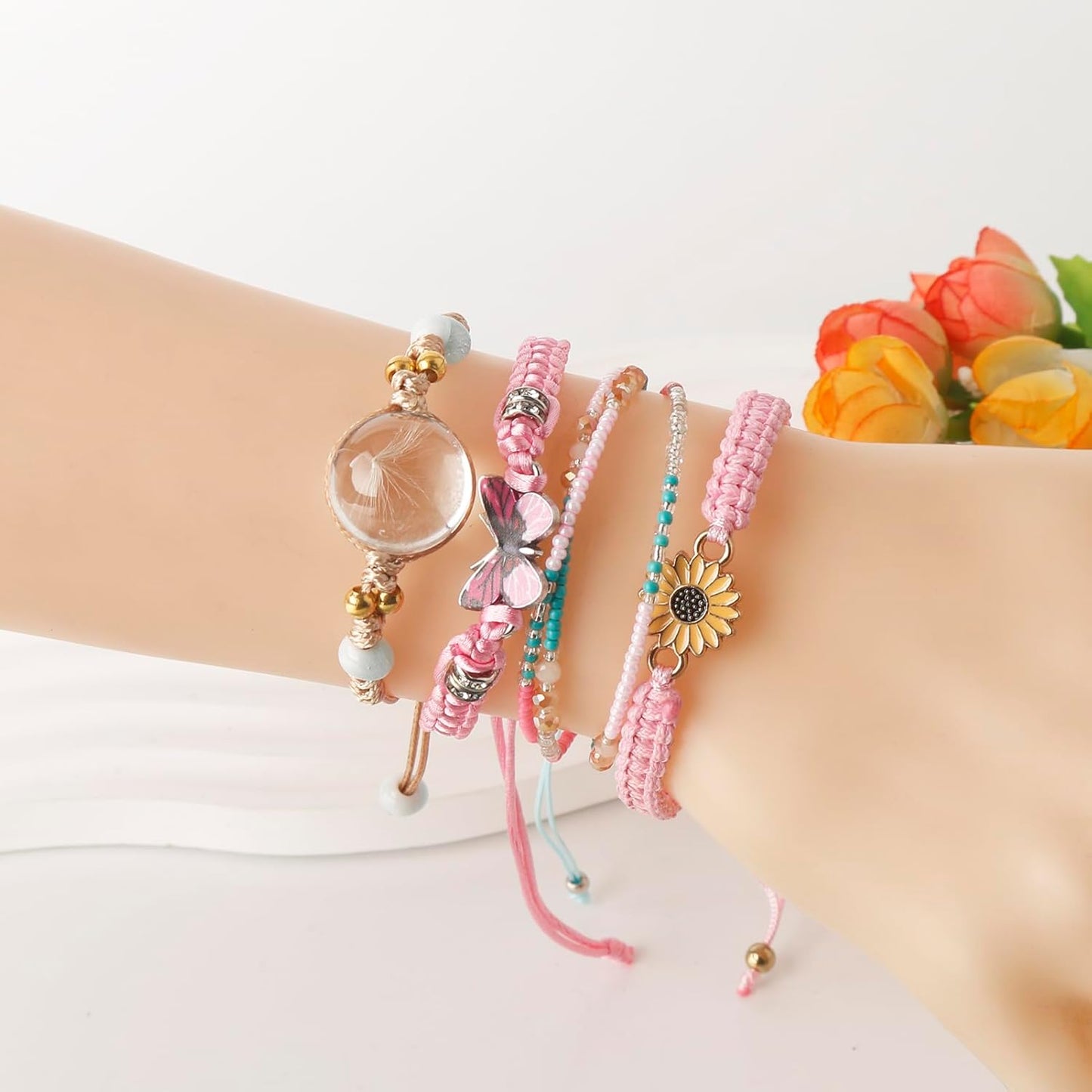 DS 4PCS String beads Charm Bracelets for Teen Girls Dainty cute cartoon Butterfly Daisy Eternal flower Beads Bracelets set for woman and girls Adjustable Stretch bracelet birthday Gift For Friends