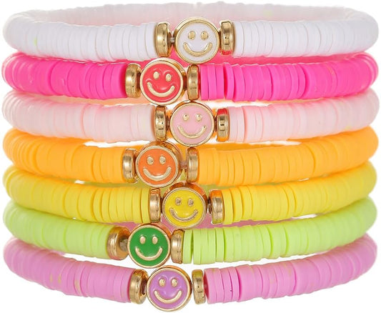 Friendship Bracelets for Women - Heishi Surfer Colorful Smile Evil Eye Clay Beaded Stretch Bracelets Elastic Layering - Stackable Boho Disc Y2K Aesthetic Summer Jewelry Set.