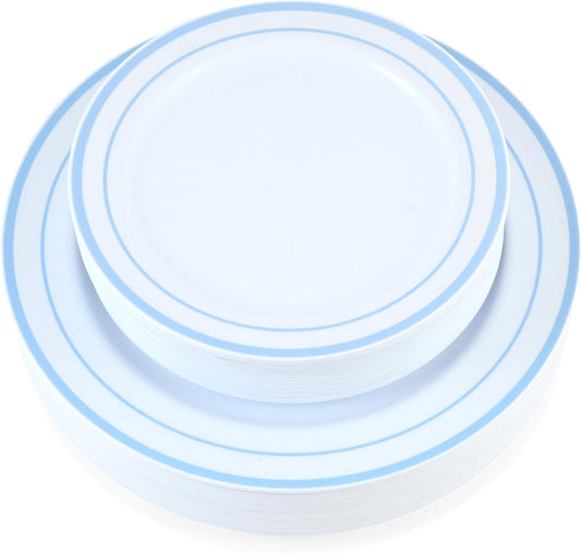 60-Piece Plastic Plates Set Premium 30 Dinner & 30 Salad Plates Pack, Disposable Plates for Party - White Plastic with Baby Blue Rim