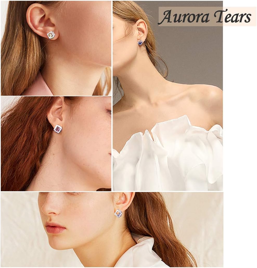 Aurora Tears Birthstone Necklace/Earring 925 Sterling Silver Women Cross/3D Cube/Cresent Moon Birth Stone Jewelry Mens Birthday Gift Anniversary Present