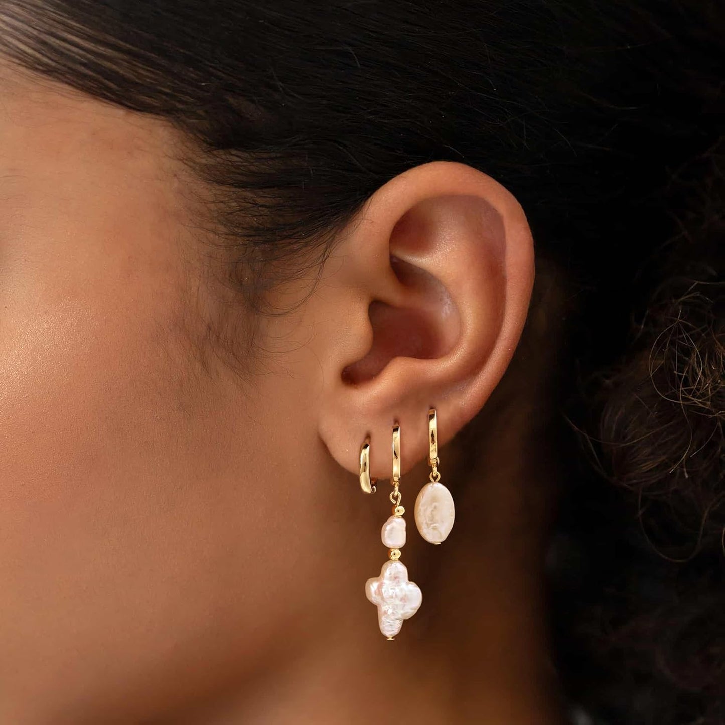 Moodear Gold Earrings for Women No Tarnish - Trendy 14K Gold Plated Pearl Hoop Studs Chain Earrings Stacks for Women Wedding Jewelry Gift