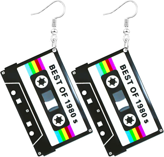 90s 80s Earrings for Women Retro Cassette Tape Earrings Acrylic Radio Tape Drop Dangle Earring for Halloween Cosplay Glow Party Music Festival Costume Accessories