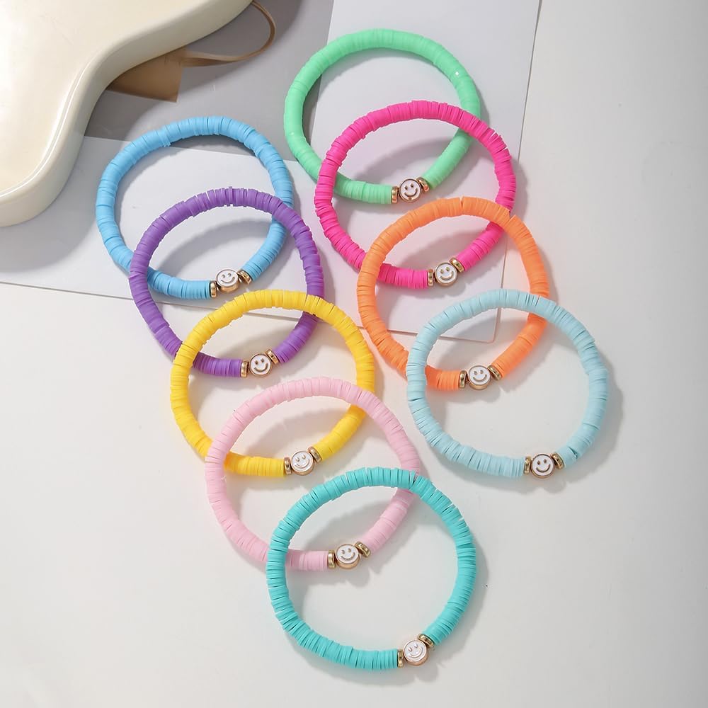 Friendship Bracelets for Women - Heishi Surfer Colorful Smile Evil Eye Clay Beaded Stretch Bracelets Elastic Layering - Stackable Boho Disc Y2K Aesthetic Summer Jewelry Set.