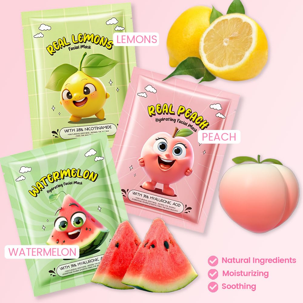 Kaely 6 Pack Fruit Face Masks for Kids, Kids Face Mask Spa Day Kit Supplies, Spa Party Favors for Teens Girls Women, Sheet Facial Mask Skincare Gifts Set, Moisturize Soothe for All Skin Types, 03