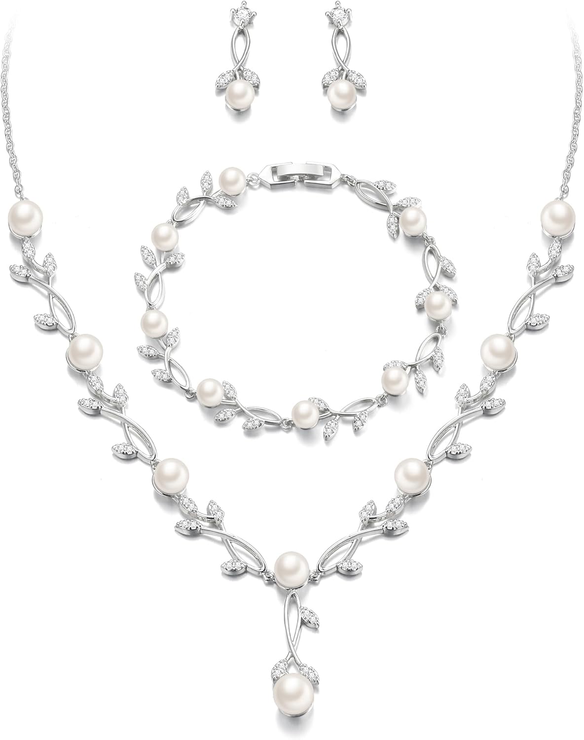 EVER FAITH Bridal Cubic Zirconia Jewelry Sets for Women, White Simulated Pearl Leaf Vine Pendant Wedding Party Necklace Earrings Set for Bridesmaid Bride