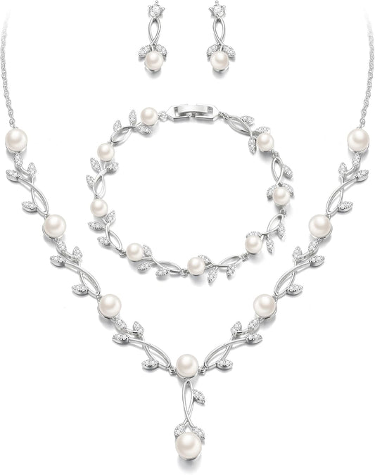 EVER FAITH Bridal Cubic Zirconia Jewelry Sets for Women, White Simulated Pearl Leaf Vine Pendant Wedding Party Necklace Earrings Set for Bridesmaid Bride
