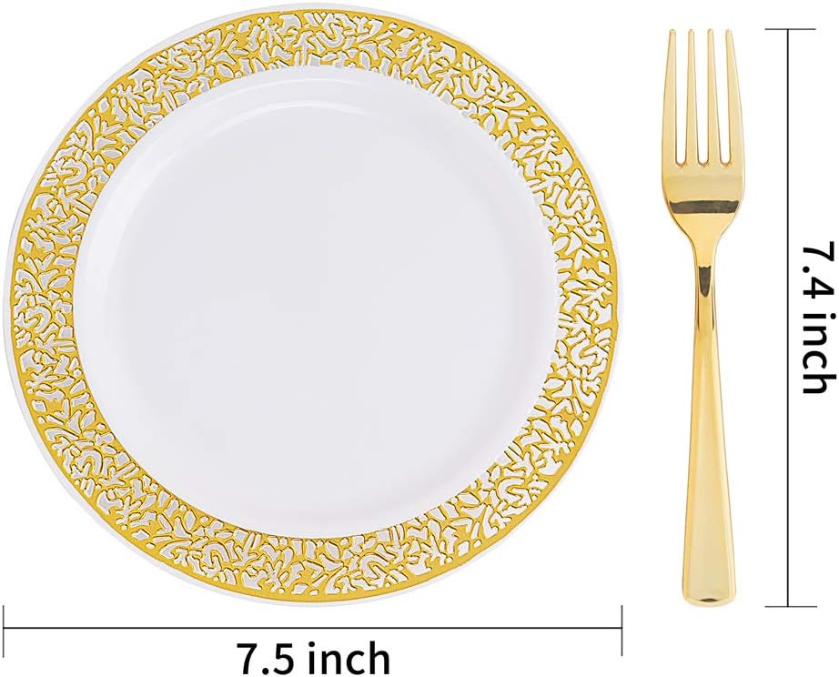 WDF 100pcs Gold Dessert Plates 7.5" with 100 Pieces Disposable Forks 7.4", Lace Design Fancy Appetizer Small Salad and Cake Plates for Thanksgiving Party/Weeding