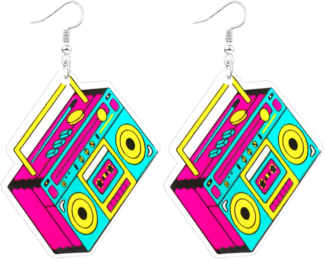 80s 90s Retro Cassette Tape Neon Earrings for Women Acrylic Radio Earring Set for 80s 90s Accessories Cosplay Party Jewelry Gifts
