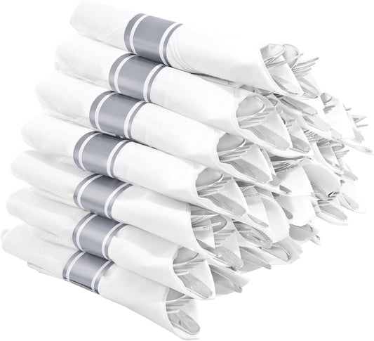 Supernal Pre Rolled Silver Plastic Silverware Set of 30 Wrapped Cutlery,Pre Rolled Napkins with Plastic Silverware Heavy Duty, Silver Disposable Forks and Spoons