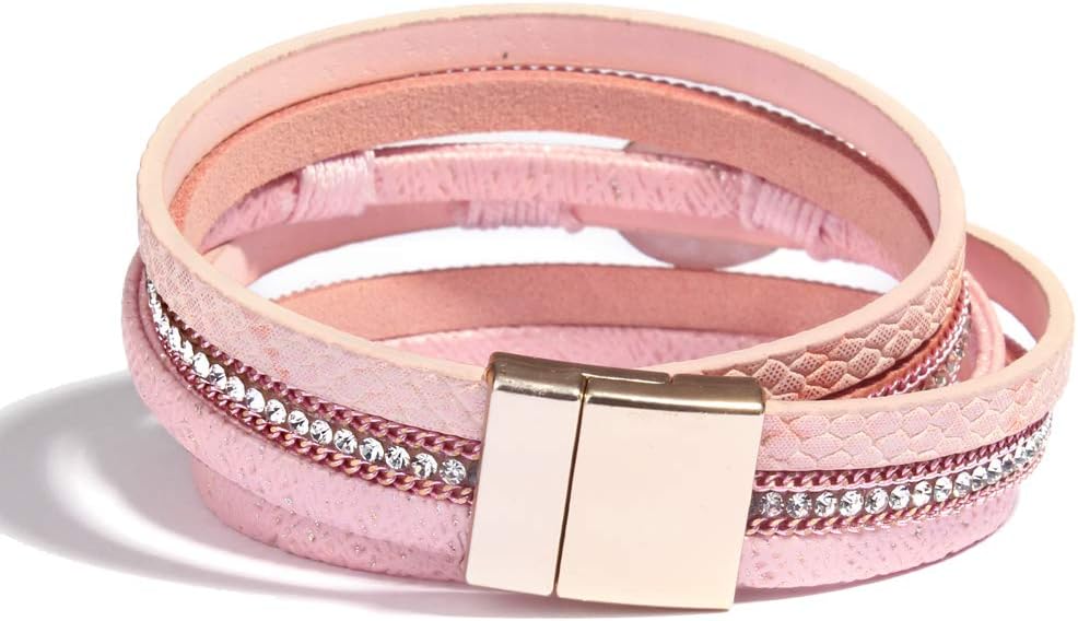 FANCY SHINY Leather Wrap Bracelet Boho Cuff Bangle Bracelets Crystal Bead Bracelet with Magnetic Clasp Jewelry Gifts for Women