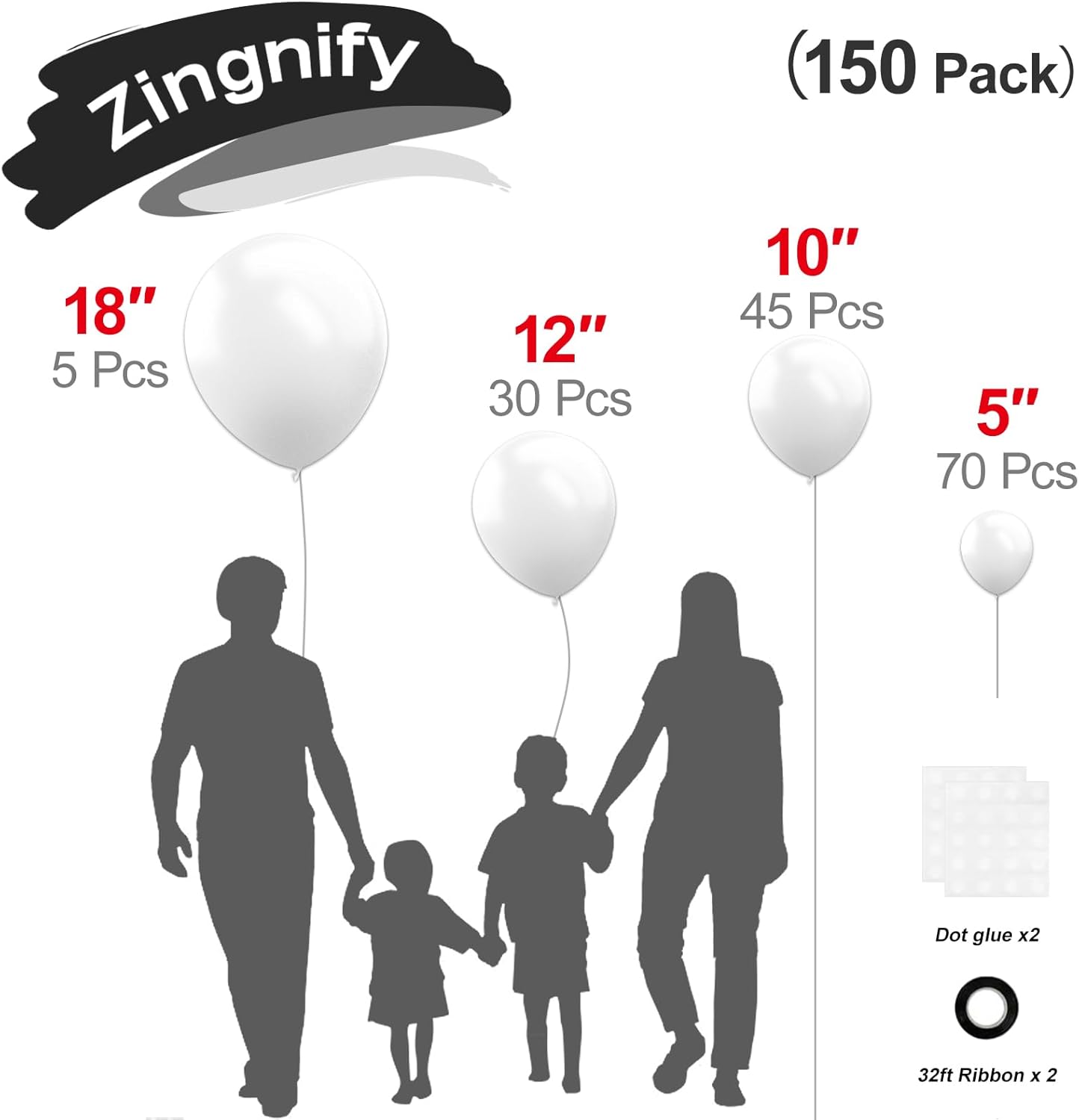 White Balloons, 150 pcs Different Sizes Pack of 18 Inch 12 Inch 10 Inch 5 Inch Matte White Latex Balloons for Balloon Garland Balloon Arch as Birthday Party Wedding Decorations