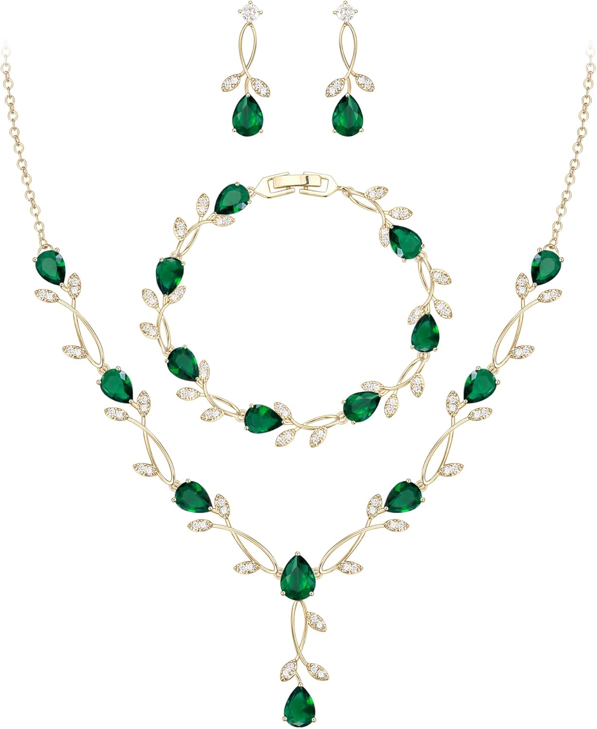 EVER FAITH Bridal Cubic Zirconia Jewelry Sets for Women, White Simulated Pearl Leaf Vine Pendant Wedding Party Necklace Earrings Set for Bridesmaid Bride