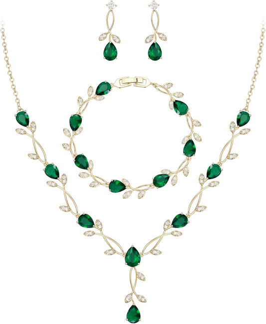 EVER FAITH Bridal Cubic Zirconia Jewelry Sets for Women, White Simulated Pearl Leaf Vine Pendant Wedding Party Necklace Earrings Set for Bridesmaid Bride