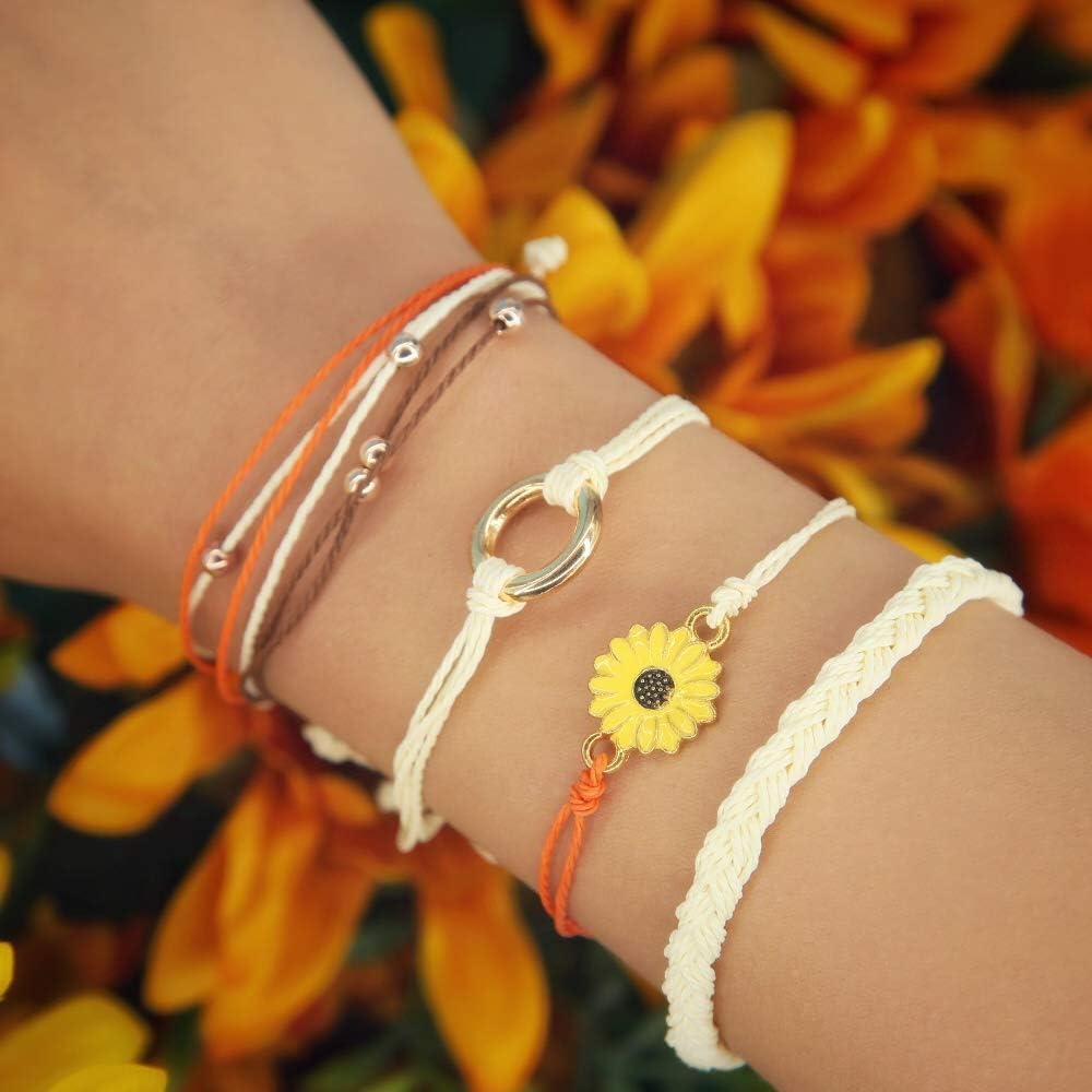 FANCY SHINY Sunflower String Bracelet Boho Braided Rope Wrap Bracelets Cute Summer Beach Surfer Jewelry for Women Christmas Gifts
