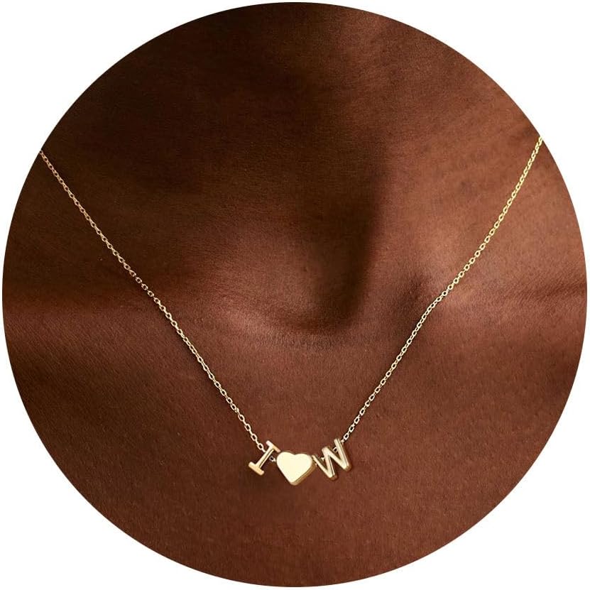 Turandoss Heart Initial Necklace for Women Teen Girls, 14K-Gold-Plated Dainty Letter A-Z Initial Necklace with Heart, Personalized Jewelry Birthday Gifts for Women
