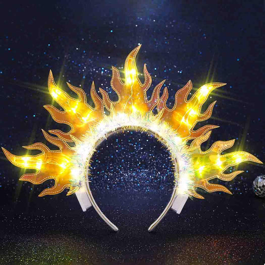 DRESBE Light Up Sun Crown Headband LED Flame Headbands Glow Party Fire Hair Accessories for Women (Yellow Light)
