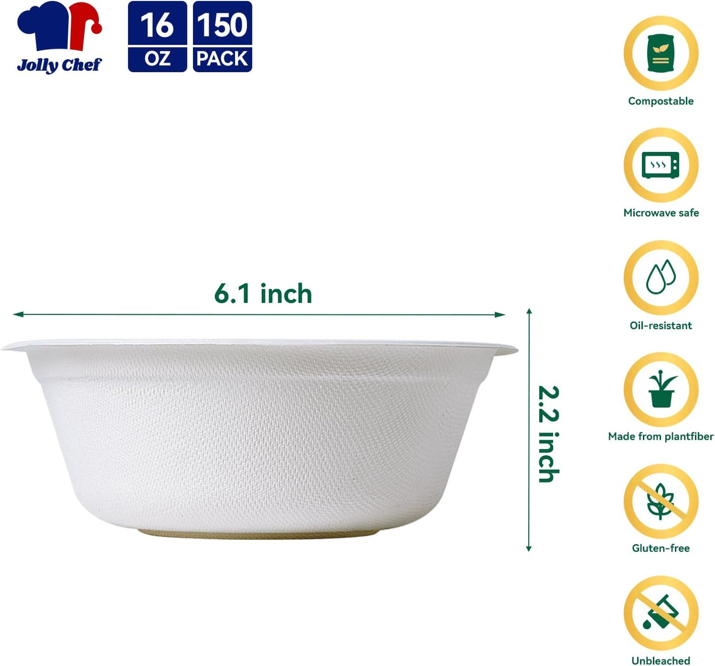 JOLLY CHEF Compostable Disposable Paper Bowl [16 oz] Heavy Duty Soup Containers [150 Pack] Biodegradable Bagasse Hot Cold Food Eco-Friendly Sugarcane Microwavable Bowls for Salad Milk Thanksgiving Day