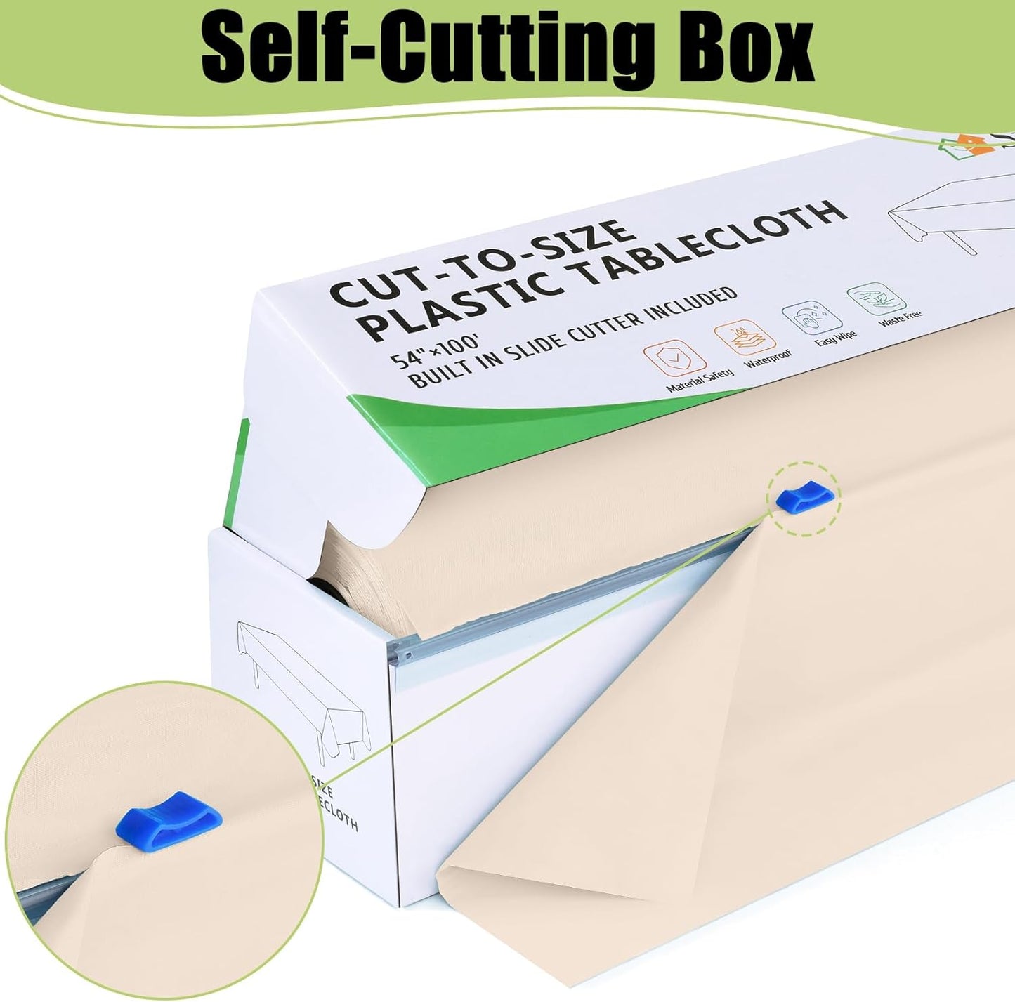 Smiry 54 Inch x 300 Feet Disposable Table Cover Roll, Ivory Plastic Table Cloth in Cut-to-Size Box with Slide Cutter, Waterproof Rectangle Tablecloths for Weddings, Banquets, Outdoor