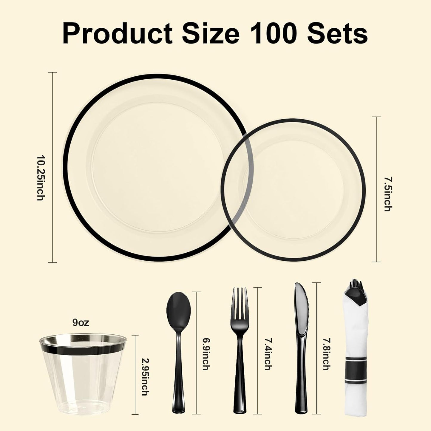 700PCS Clear Black Disposable Plates Set for 100 Guests, 200 Plastic Plates, 100 Plastic Cups, 100 Pre-Rolled Napkins with Cutlery for Party, Christmas, Birthday, Wedding, Thanksgiving, Halloween