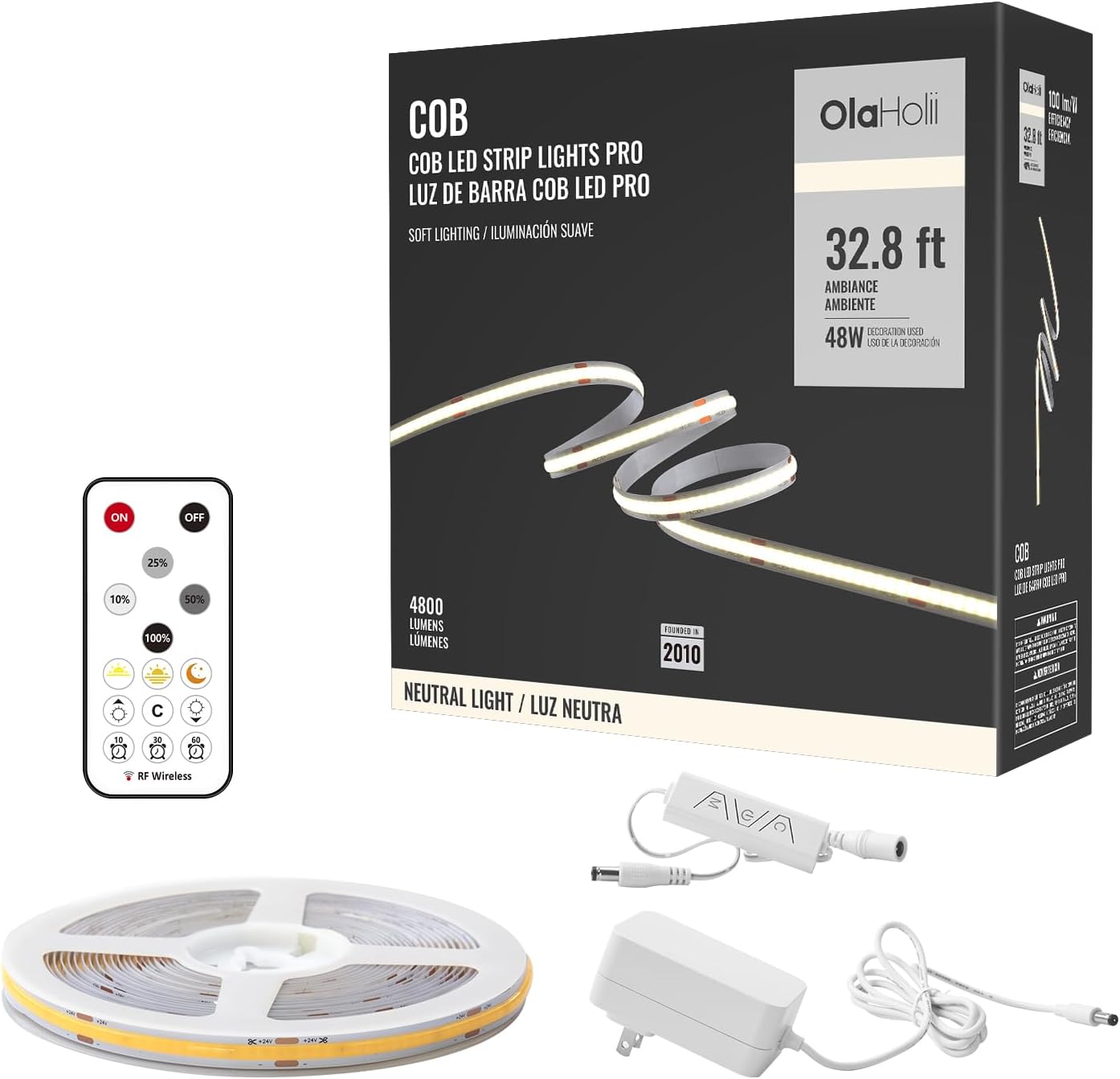 32.8ft COB Led Strip Light with Remote, 4000K Dimmable Bright Led COB Strip Light, White Continuous Led Strip Light for Mirror, Stair, Cabinet, Room