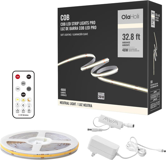 32.8ft COB Led Strip Light with Remote, 4000K Dimmable Bright Led COB Strip Light, White Continuous Led Strip Light for Mirror, Stair, Cabinet, Room