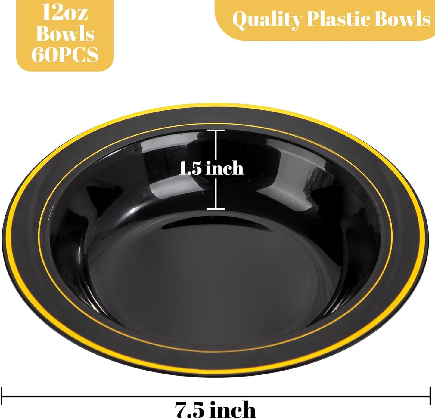 bUCLA 60 Pack Black Plastic Bowls with Gold Rim - 12 oz Plastic Soup Bowls Disposable for Wedding, Party, Gathering & New Year