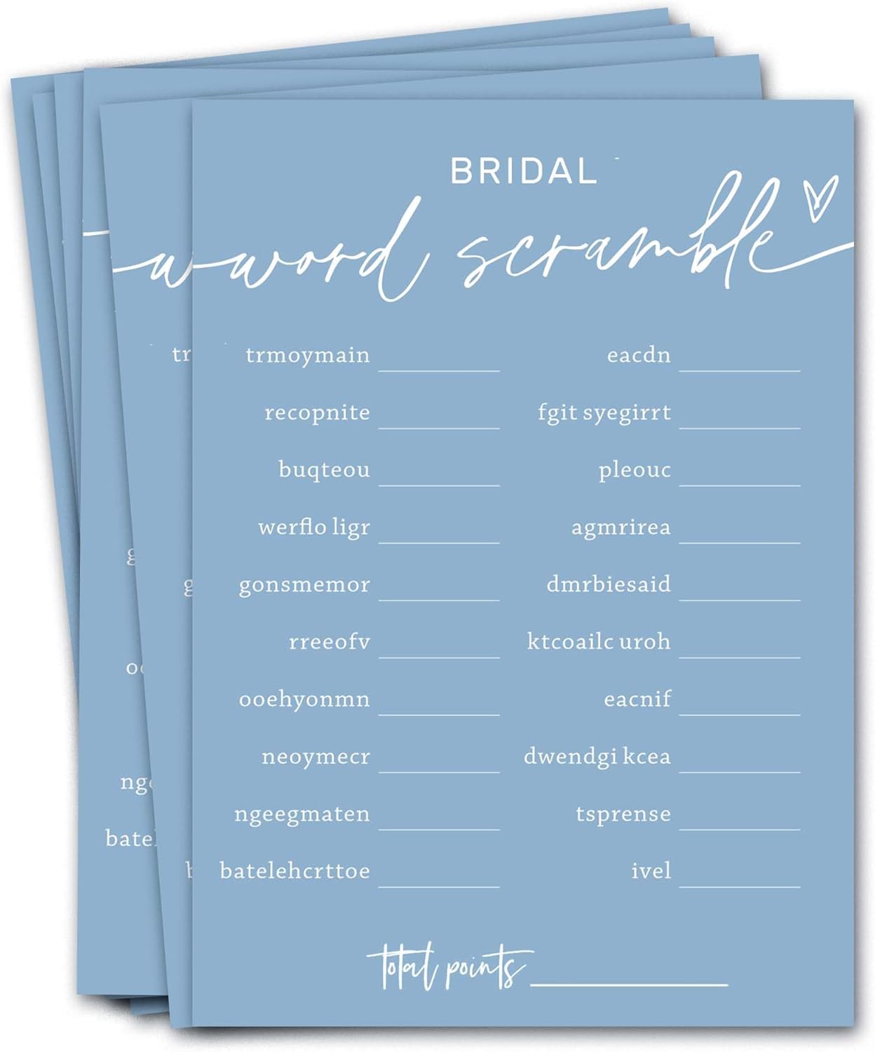 Bridal Shower Games Cards, Bridal Word Scramble, 25 Game Cards with 1 Answer Card, Engagement Party Wedding Games for Guests, Minimalist Blue Wedding Party Supplies - B14