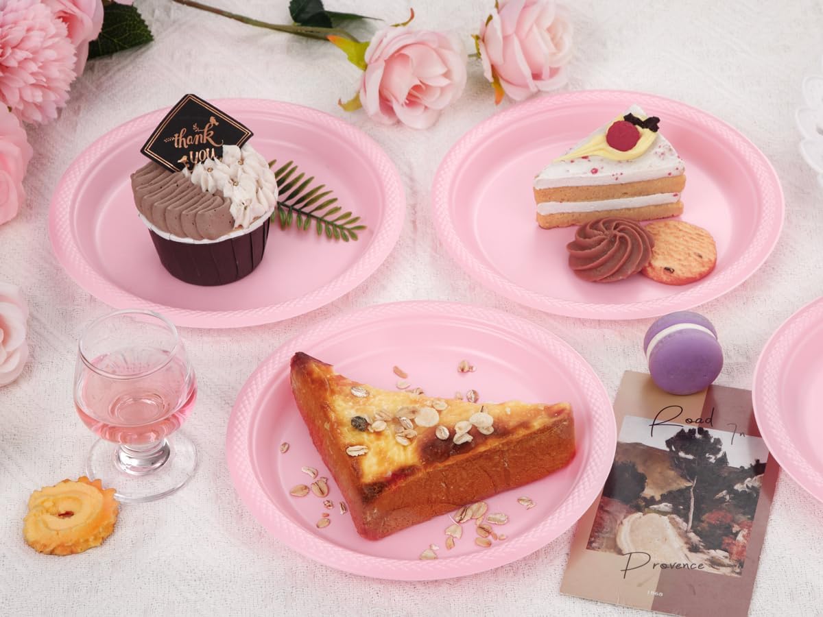 WELLIFE Pink Party Plates 7 Inch -150 Count, Disposable Plastic Light Pink Dessert Plates for Party Cake Easter Mother's Day Baby Shower Appetizer