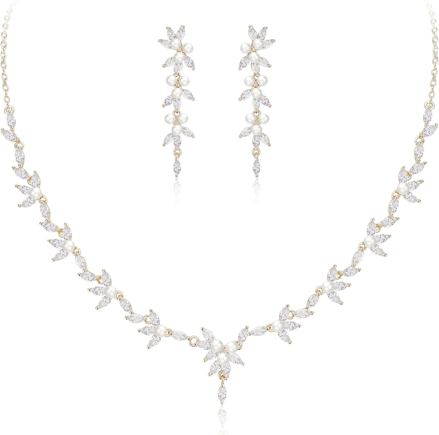 EleQueen Women's Simulated Pearl Wedding Jewelry Set, Cubic Zirconia Marquise Floral Bridal Necklace Earrings Bracelet Sets