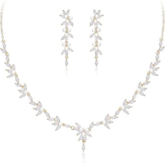 EleQueen Women's Simulated Pearl Wedding Jewelry Set, Cubic Zirconia Marquise Floral Bridal Necklace Earrings Bracelet Sets