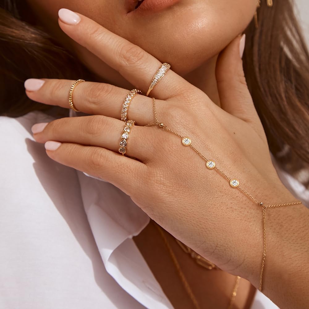 Listine Hand Chain Bracelet 14K Gold Plated Ring Bracelet Hand Chain Trendy Stuff for Women Dainty Hand Bracelets with Finger Ring Hand Jewelry for Women