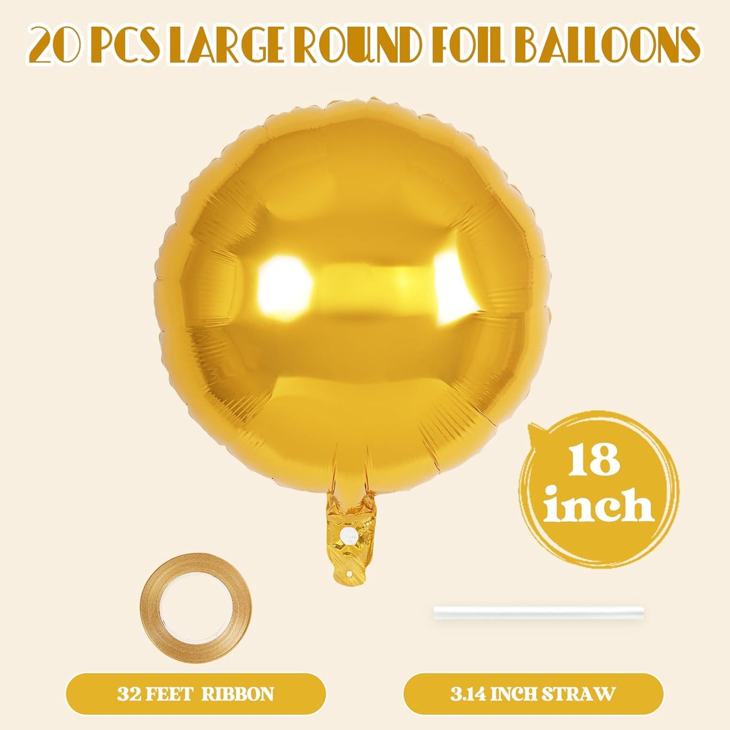 20 Pcs Gold Round Shaped Balloons,18 Inch Round Foil Balloon,Giant Round Mylar Balloon Helium Balloons for Birthday Party Baby Shower Wedding Decorations (Gold)
