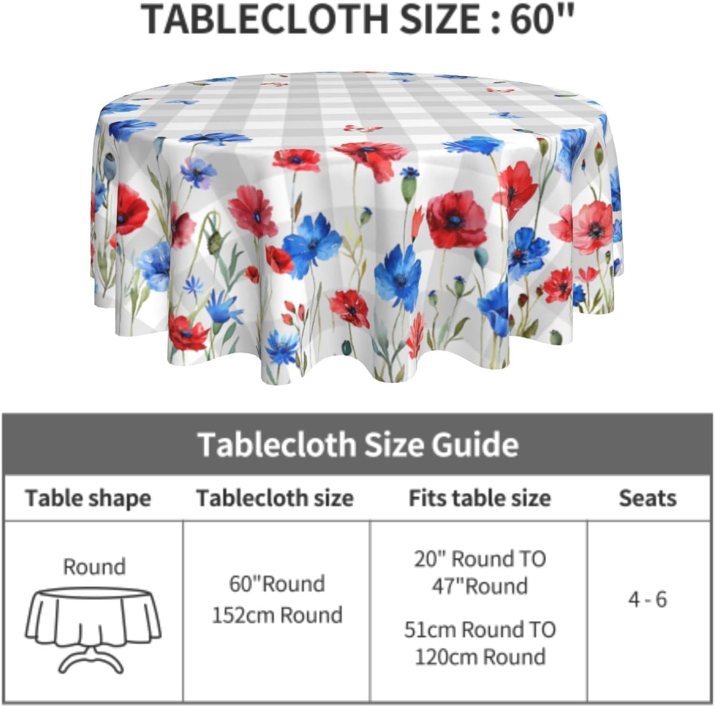 Giwawa Red Blue Floral Tablecloth Round 60Inch 4th of July Watercolor Poppy Flowers Table Cover with Gray Buffalo Plaids Patriotic Heat Resistant Table Cloth for Kitchen Dining Holiday Tabletop Decor