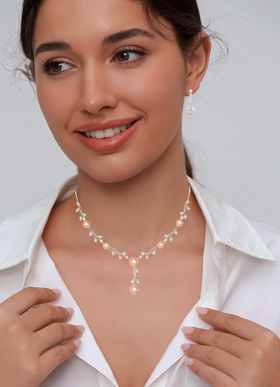 Luxury Cubic Zirconia Aurtrian Crystal Pearl Floral Necklace Dangle Earrings Wedding Bridal Jewelry Set Birthday Gifts for Her