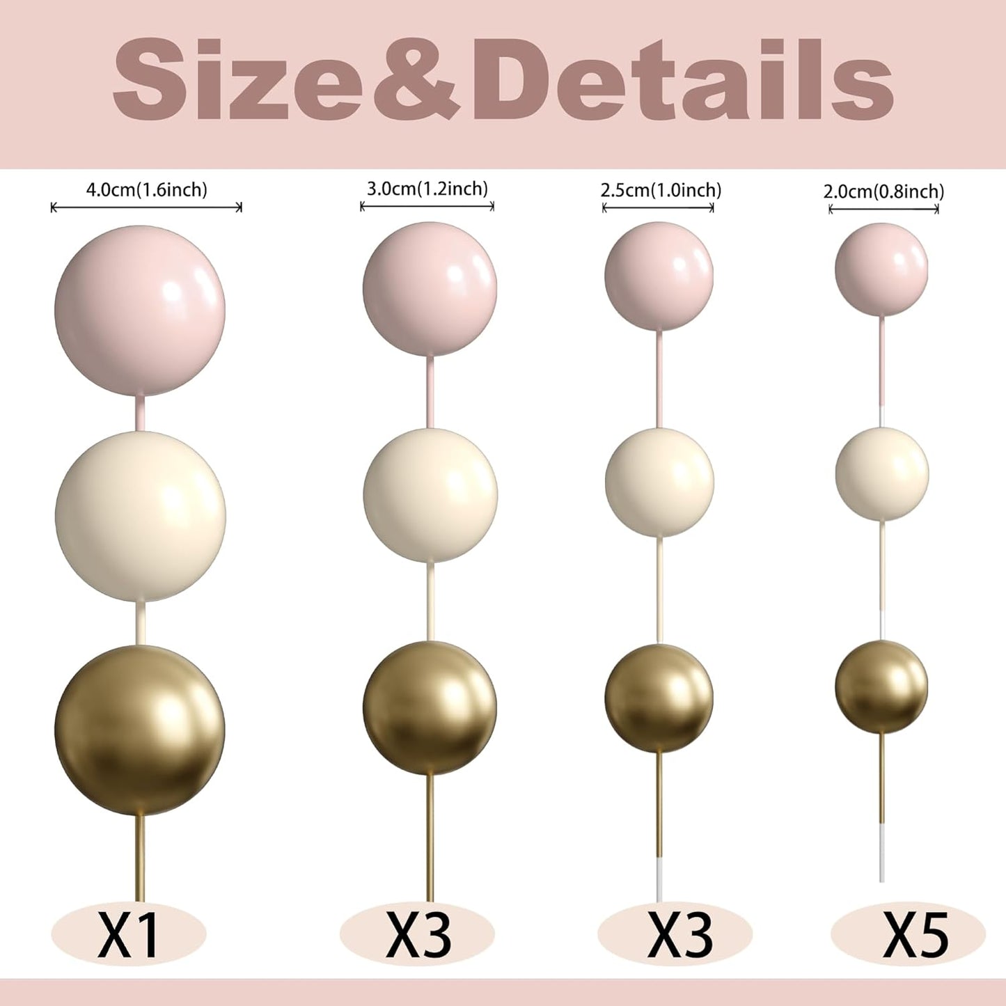 36 Pack Balls Cake Topper Decorations Foam Balloons Cake Decorations Sticks Mini Balloons Cake Toppers Balls Cake Picks for Baby Shower Wedding Anniversary Birthday Party Decorations Khaki Gold