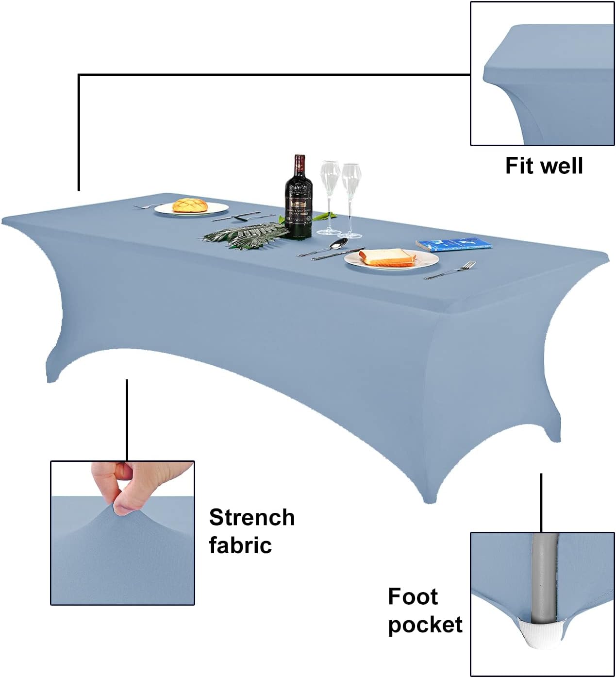 FORLIFE Spandex Table Cover - Fitted 8ft Rectangular Tablecloth, Stretch Patio Cover, Universal for Wedding, Banquet, Party - Dusty Blue